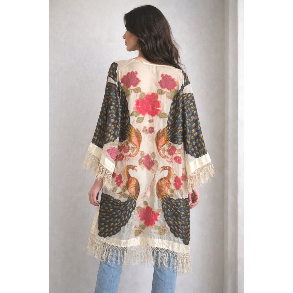 Vintage Silk Blend Velvet Burnout Art Deco‎ Kimono Shawl Peacock Floral Duster